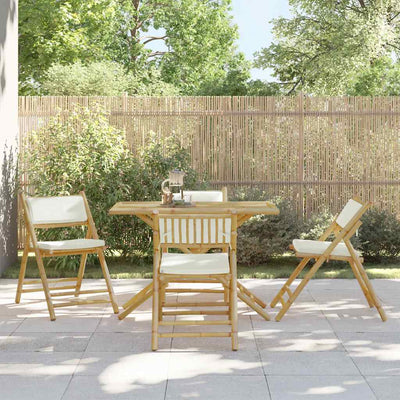5 Piece Folding Bistro Set with Cream White Cushions Bamboo Payday Deals