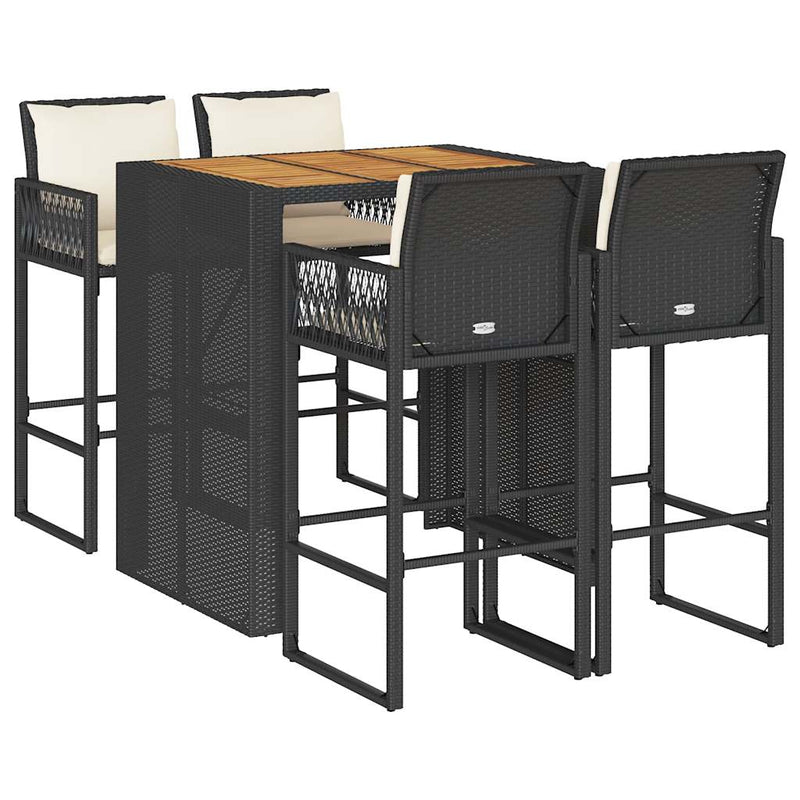 5 Piece Garden Bar Set with Cushions Black Poly Rattan Acacia Payday Deals
