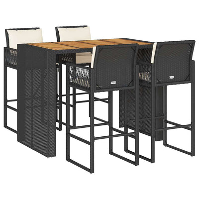 5 Piece Garden Bar Set with Cushions Black Poly Rattan Acacia Payday Deals