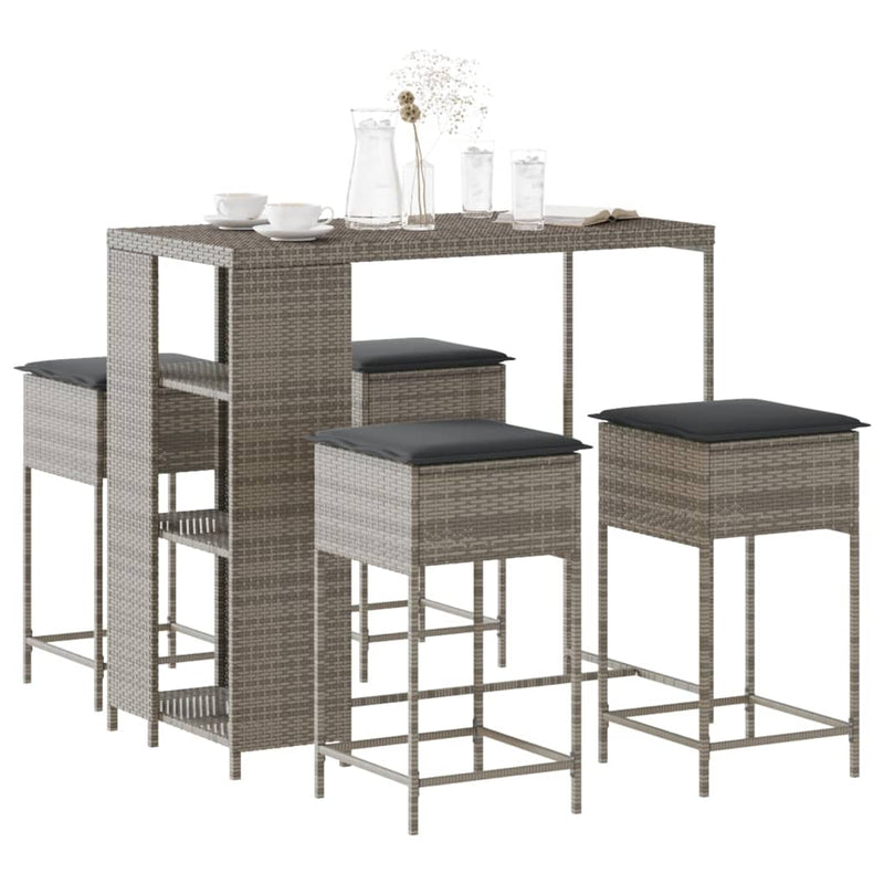 5 Piece Garden Bar Set with Cushions Grey Poly Rattan Payday Deals