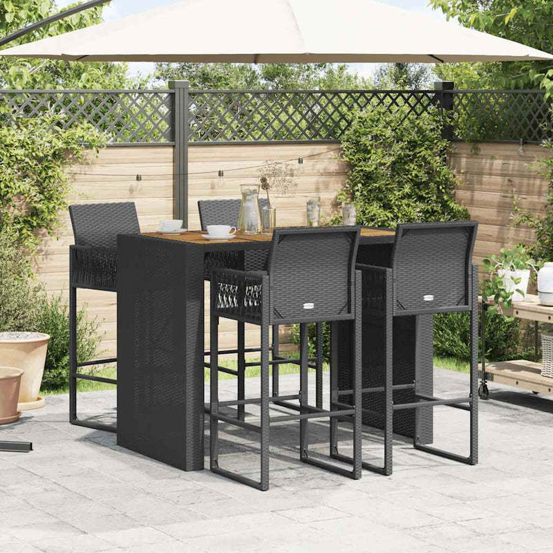 5 Piece Garden Bar Set without Cushions Black Poly Rattan Acacia Payday Deals
