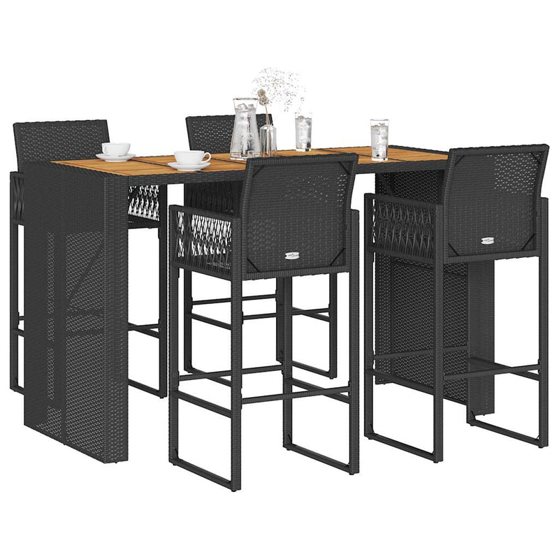 5 Piece Garden Bar Set without Cushions Black Poly Rattan Acacia Payday Deals