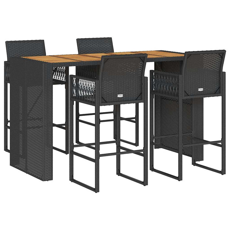 5 Piece Garden Bar Set without Cushions Black Poly Rattan Acacia Payday Deals