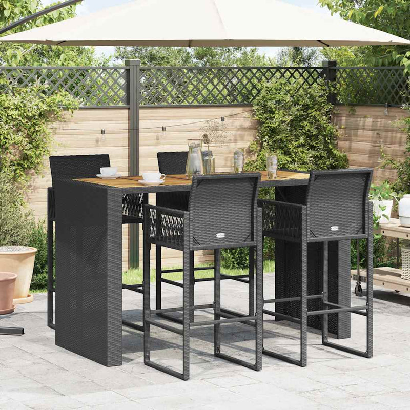 5 Piece Garden Bar Set without Cushions Black Poly Rattan Acacia Payday Deals