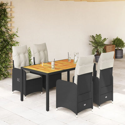 5 Piece Garden Bistro Set with Cushions Black Poly Rattan