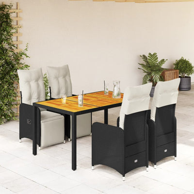 5 Piece Garden Bistro Set with Cushions Black Poly Rattan