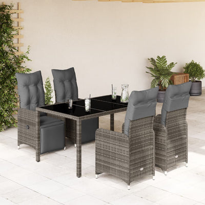 5 Piece Garden Bistro Set with Cushions Grey Poly Rattan