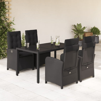 5 Piece Garden Dining Set with Cushions Black Poly Rattan