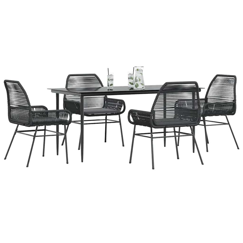 5 Piece Garden Dining Set with Cushions Black Poly Rattan Glass Payday Deals