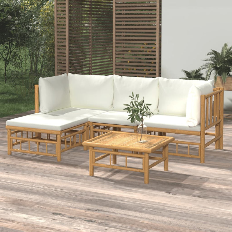 5 Piece Garden Lounge Set with Cream White Cushions  Bamboo Payday Deals