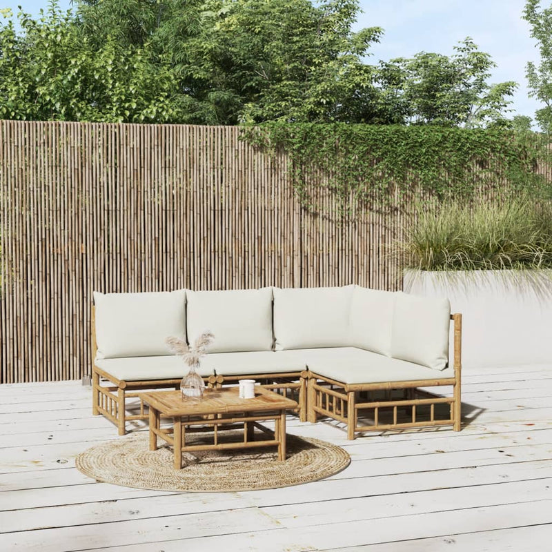 5 Piece Garden Lounge Set with Cream White Cushions  Bamboo Payday Deals