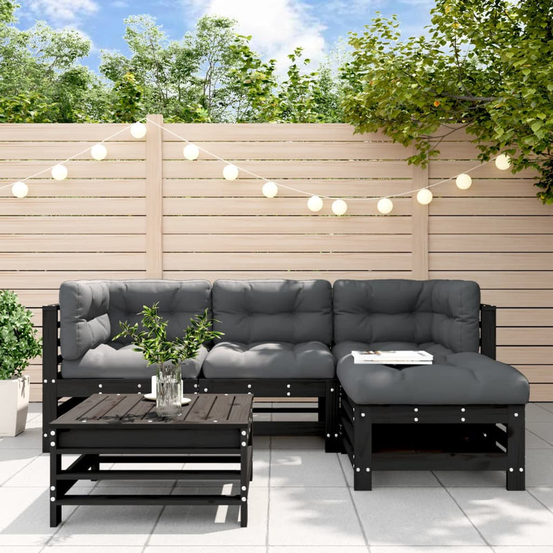 5 Piece Garden Lounge Set with Cushions Black Solid Wood Payday Deals