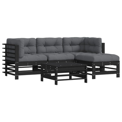 5 Piece Garden Lounge Set with Cushions Black Solid Wood Payday Deals