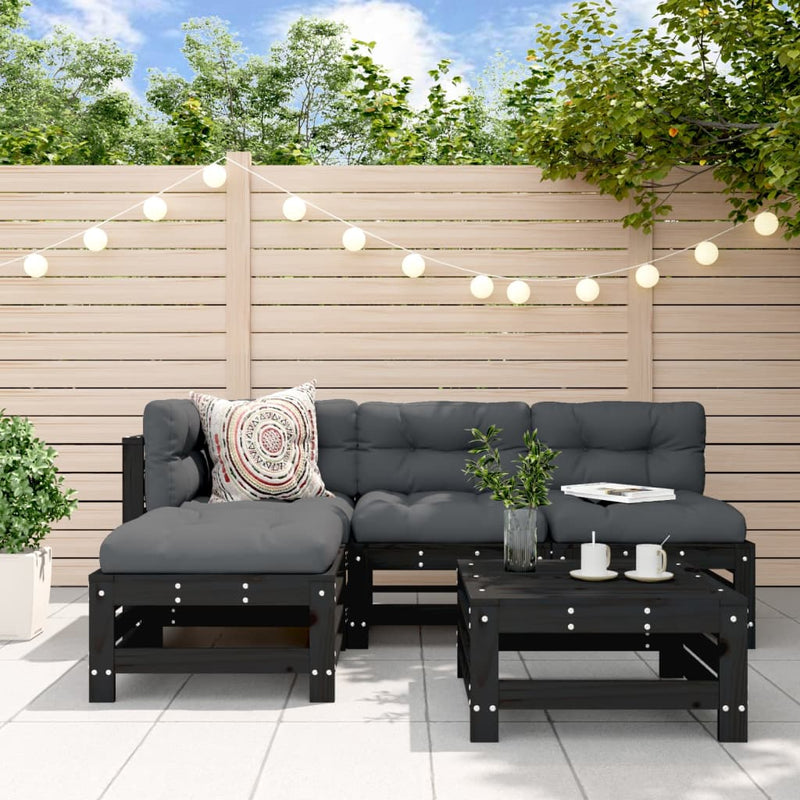 5 Piece Garden Lounge Set with Cushions Black Solid Wood Payday Deals