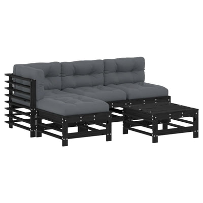 5 Piece Garden Lounge Set with Cushions Black Solid Wood Payday Deals