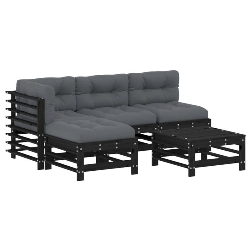 5 Piece Garden Lounge Set with Cushions Black Solid Wood Payday Deals