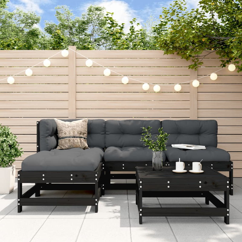 5 Piece Garden Lounge Set with Cushions Black Solid Wood Payday Deals