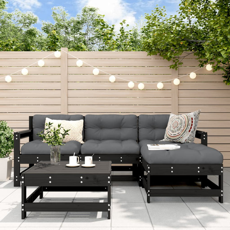 5 Piece Garden Lounge Set with Cushions Black Solid Wood Payday Deals