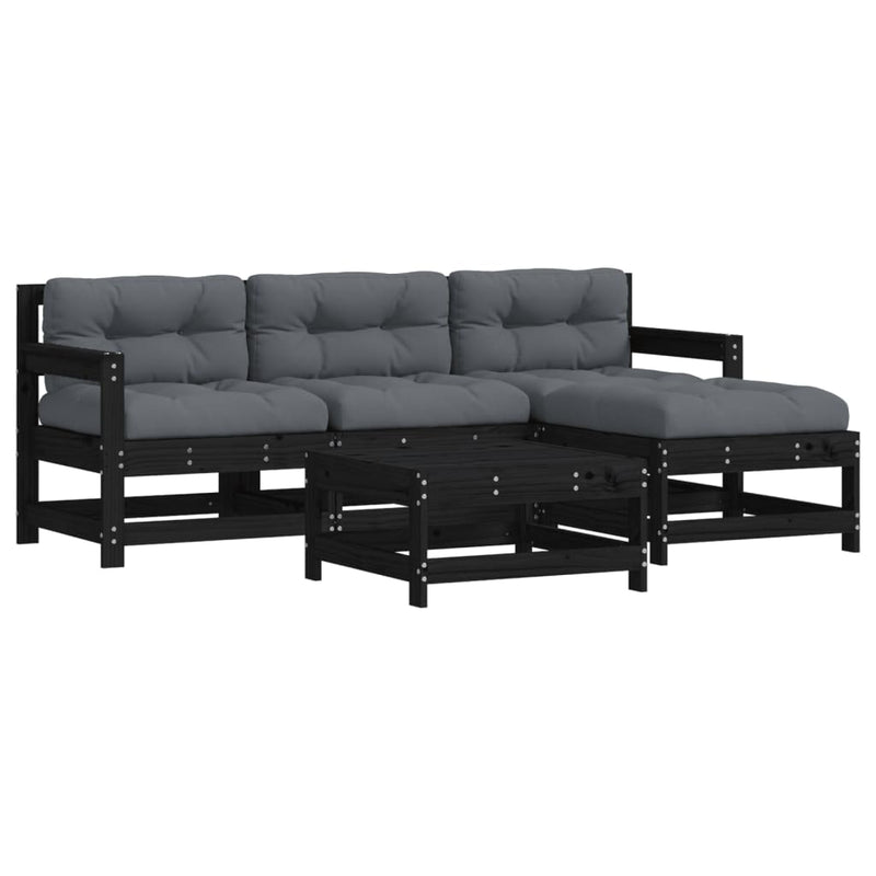 5 Piece Garden Lounge Set with Cushions Black Solid Wood Payday Deals
