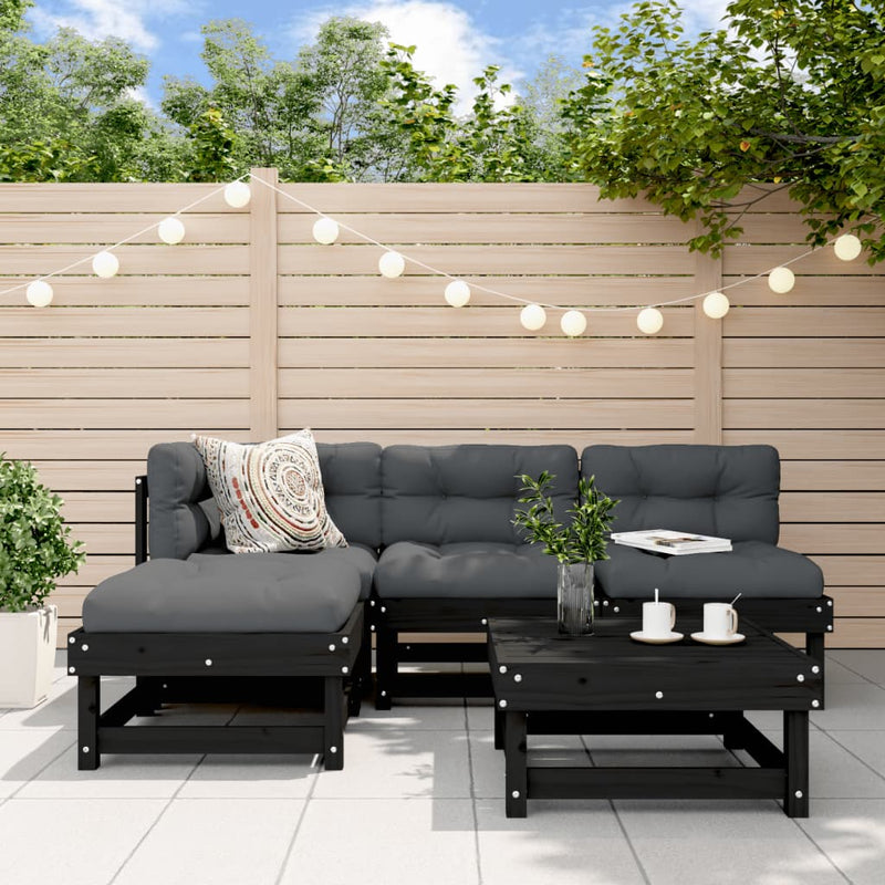5 Piece Garden Lounge Set with Cushions Black Solid Wood Payday Deals