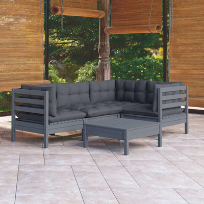 5 Piece Garden Lounge Set with Cushions Grey Pinewood