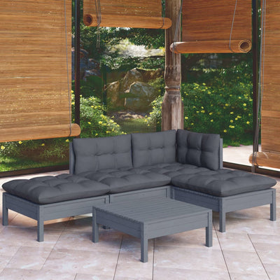 5 Piece Garden Lounge Set with Cushions Grey Pinewood