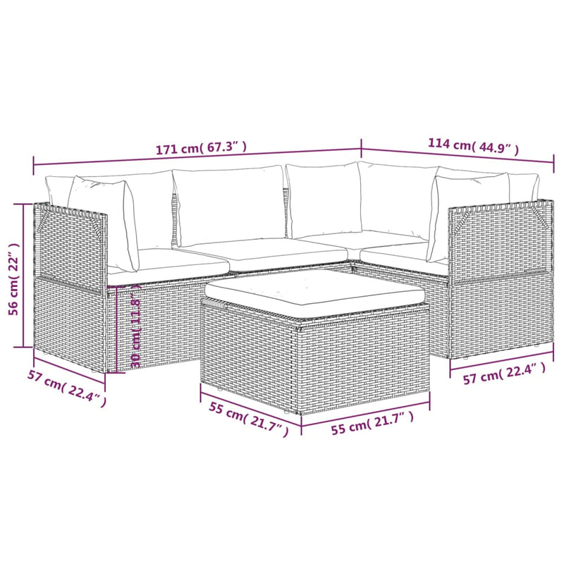 5 Piece Garden Lounge Set with Cushions Grey Poly Rattan Payday Deals