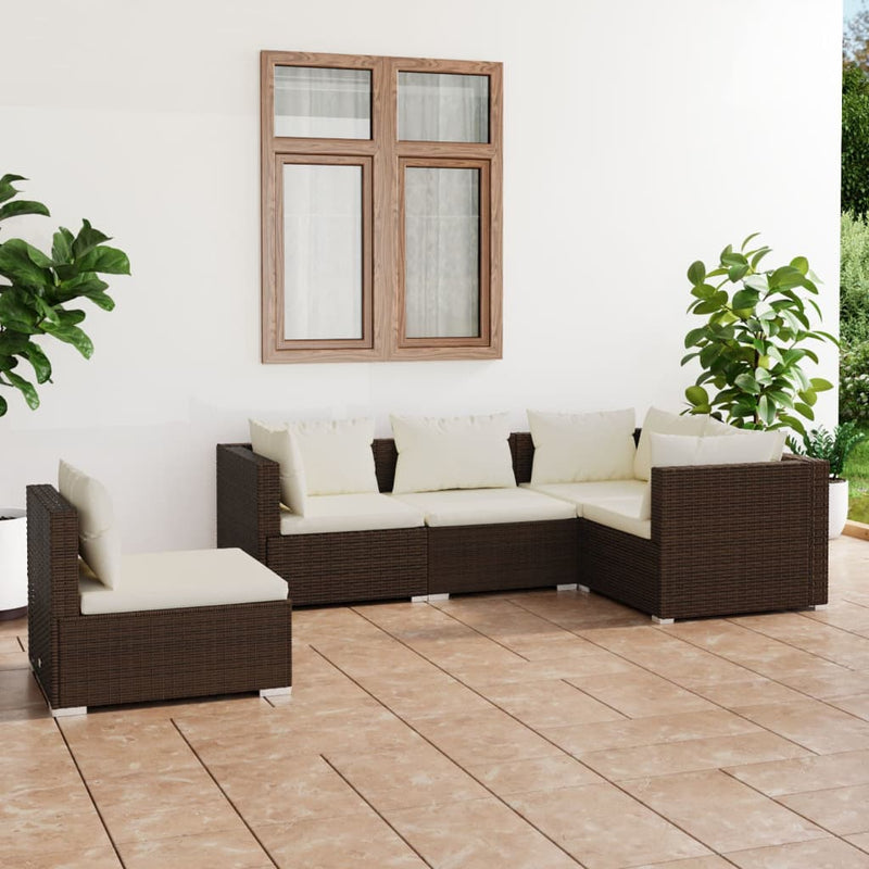 5 Piece Garden Lounge Set with Cushions Poly Rattan Brown Payday Deals