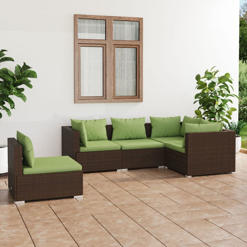 5 Piece Garden Lounge Set with Cushions Poly Rattan Brown Payday Deals