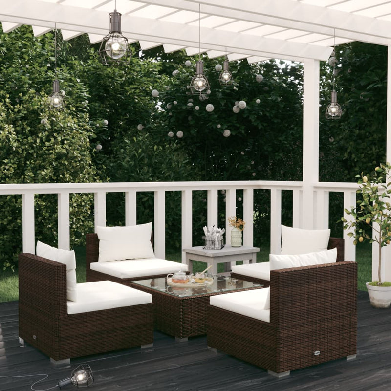 5 Piece Garden Lounge Set with Cushions Poly Rattan Brown Payday Deals