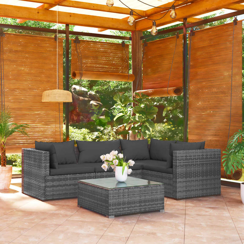 5 Piece Garden Lounge Set with Cushions Poly Rattan Grey Payday Deals