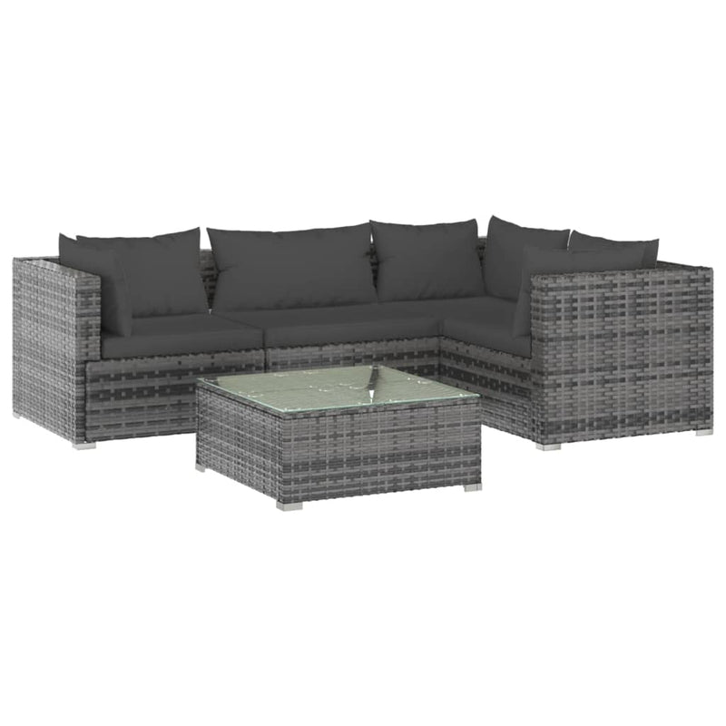 5 Piece Garden Lounge Set with Cushions Poly Rattan Grey Payday Deals