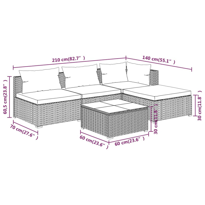 5 Piece Garden Lounge Set with Cushions Poly Rattan Grey Payday Deals
