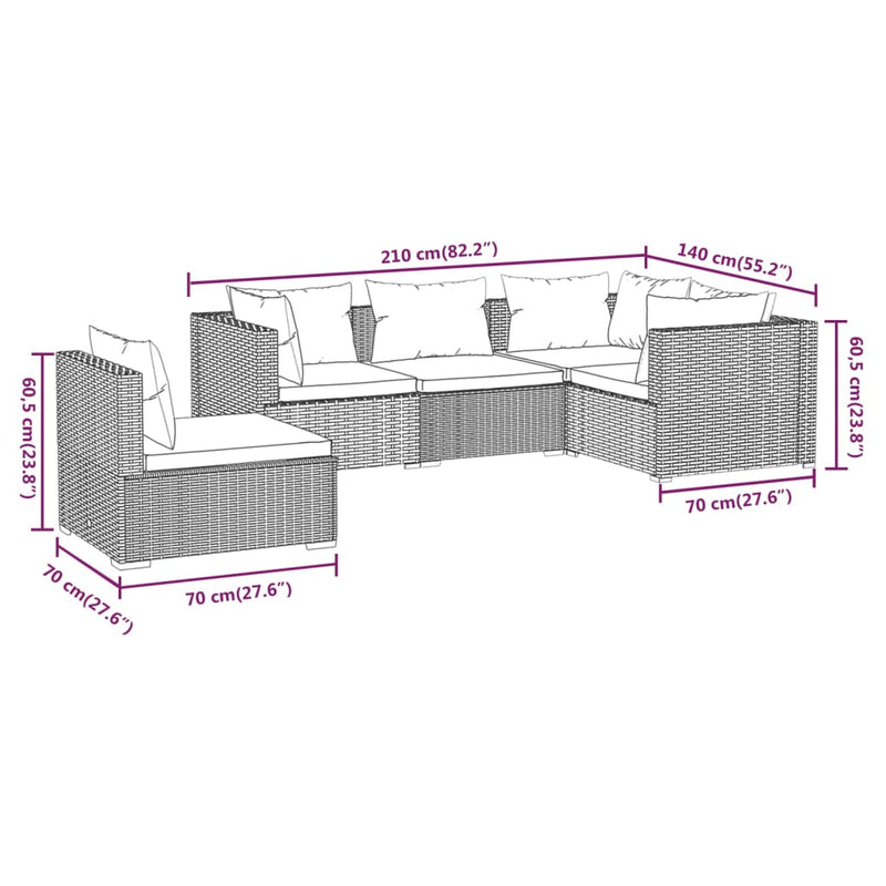 5 Piece Garden Lounge Set with Cushions Poly Rattan Grey Payday Deals