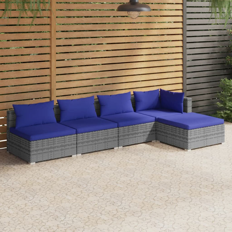 5 Piece Garden Lounge Set with Cushions Poly Rattan Grey Payday Deals