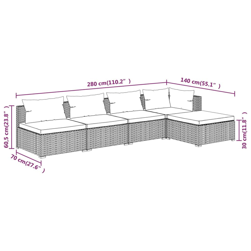 5 Piece Garden Lounge Set with Cushions Poly Rattan Grey Payday Deals
