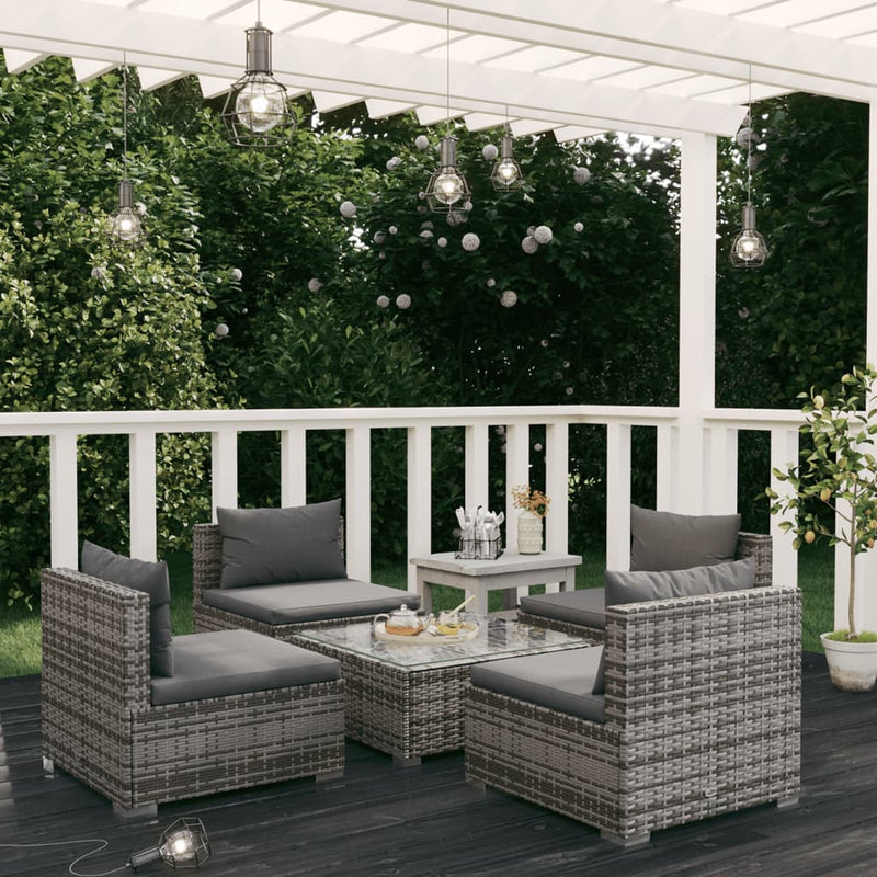 5 Piece Garden Lounge Set with Cushions Poly Rattan Grey Payday Deals
