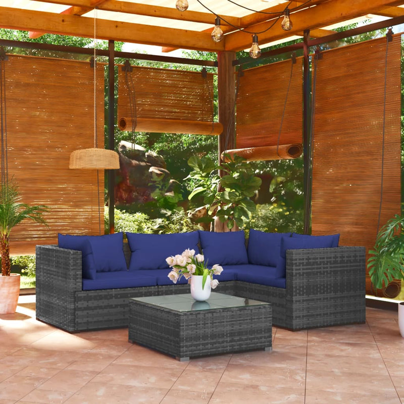 5 Piece Garden Lounge Set with Cushions Poly Rattan Grey Payday Deals