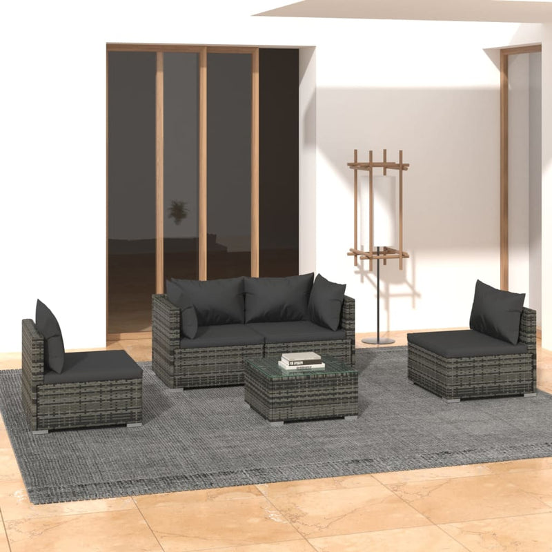 5 Piece Garden Lounge Set with Cushions Poly Rattan Grey Payday Deals