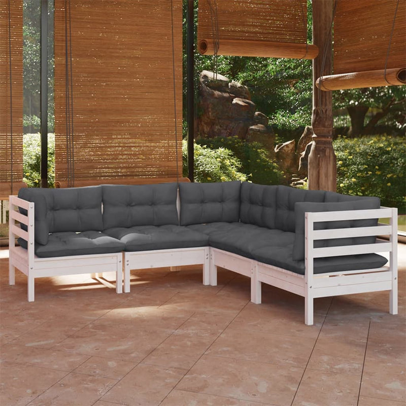 5 Piece Garden Lounge Set with Cushions White Solid Pinewood Payday Deals