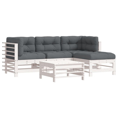 5 Piece Garden Lounge Set with Cushions White Solid Wood Payday Deals