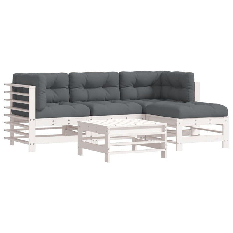5 Piece Garden Lounge Set with Cushions White Solid Wood Payday Deals