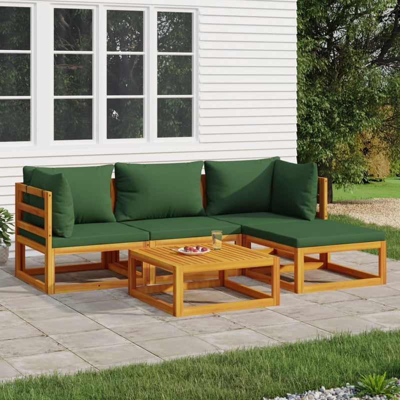 5 Piece Garden Lounge Set with Green Cushions Solid Wood Payday Deals