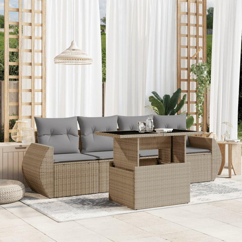 5 Piece Garden Sofa Set with Cushions Beige Poly Rattan Payday Deals
