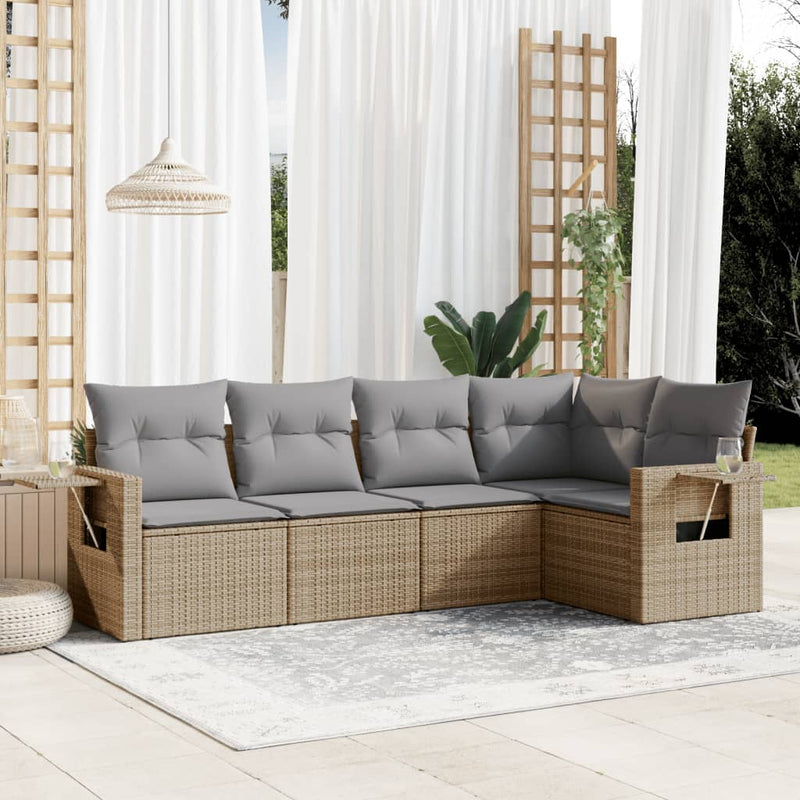5 Piece Garden Sofa Set with Cushions Beige Poly Rattan Payday Deals
