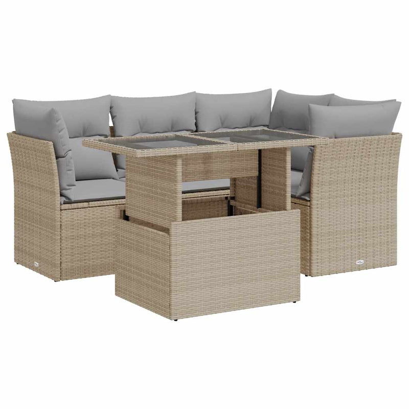 5 Piece Garden Sofa Set with Cushions Beige Poly Rattan Payday Deals