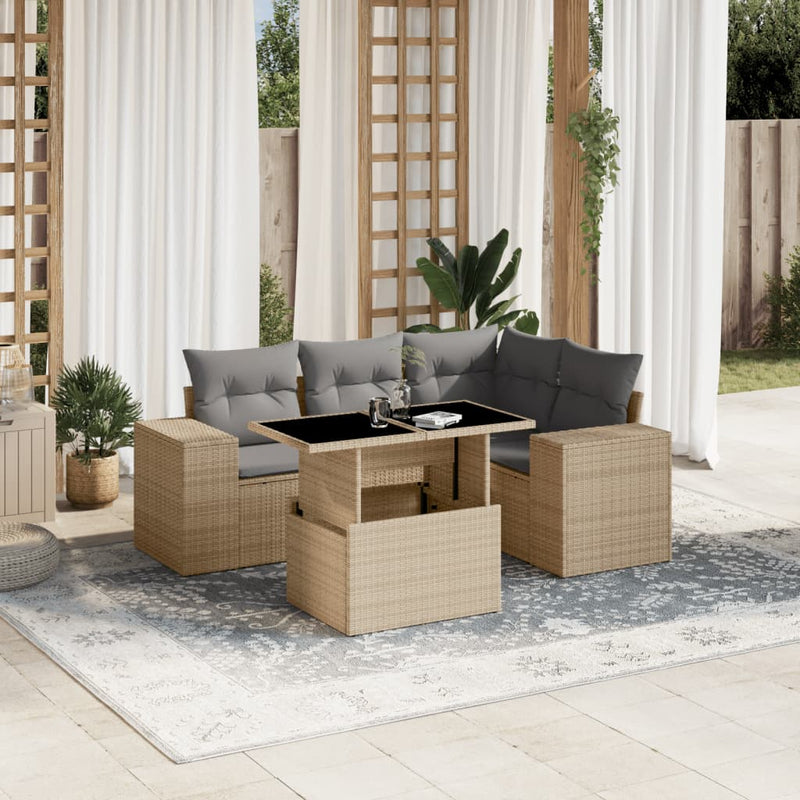5 Piece Garden Sofa Set with Cushions Beige Poly Rattan Payday Deals