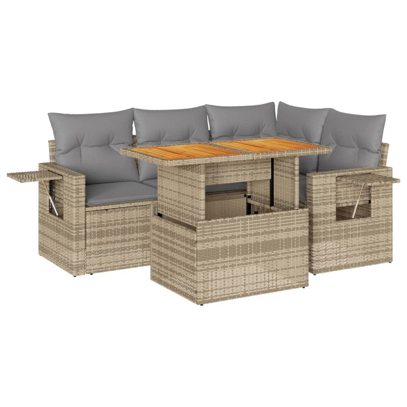 5 Piece Garden Sofa Set with Cushions Beige Poly Rattan Payday Deals