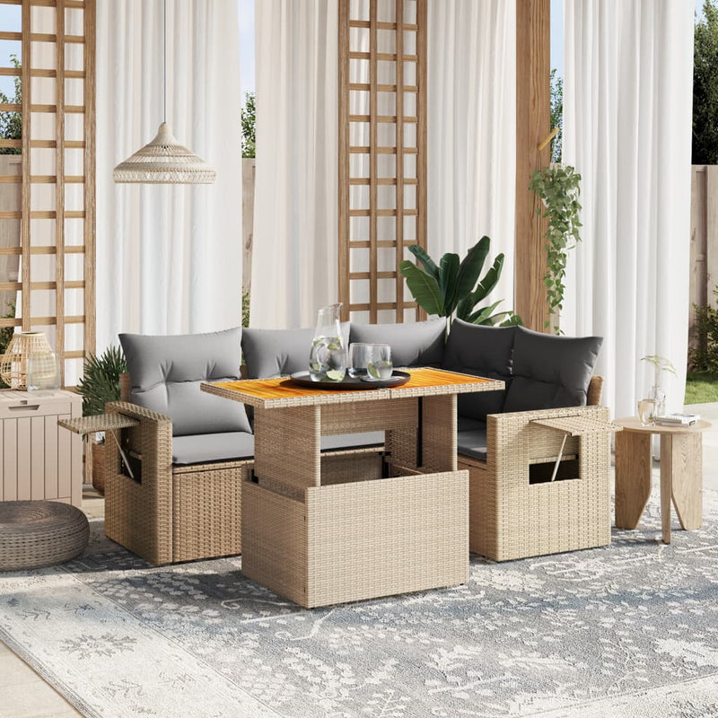 5 Piece Garden Sofa Set with Cushions Beige Poly Rattan Payday Deals