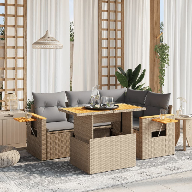 5 Piece Garden Sofa Set with Cushions Beige Poly Rattan Payday Deals
